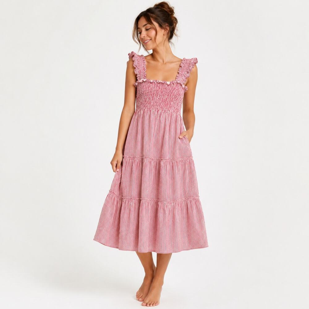 Hill House Ellie Nap Dress Cherry Stripe Smocked Ruffle Maxi Red White Womens L